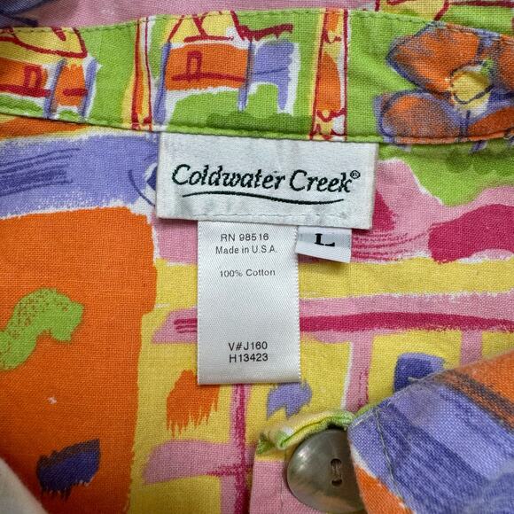 COLDWATER CREEK Pink Multicolor Beach Town Colorful Button Up Shirt Size Large - Picture 6 of 9